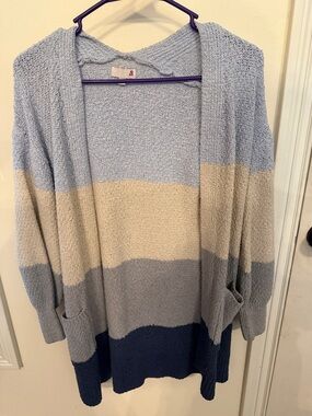 SO Striped Open-Front Cardigan Sweater in Light Blue, Beige & Navy
